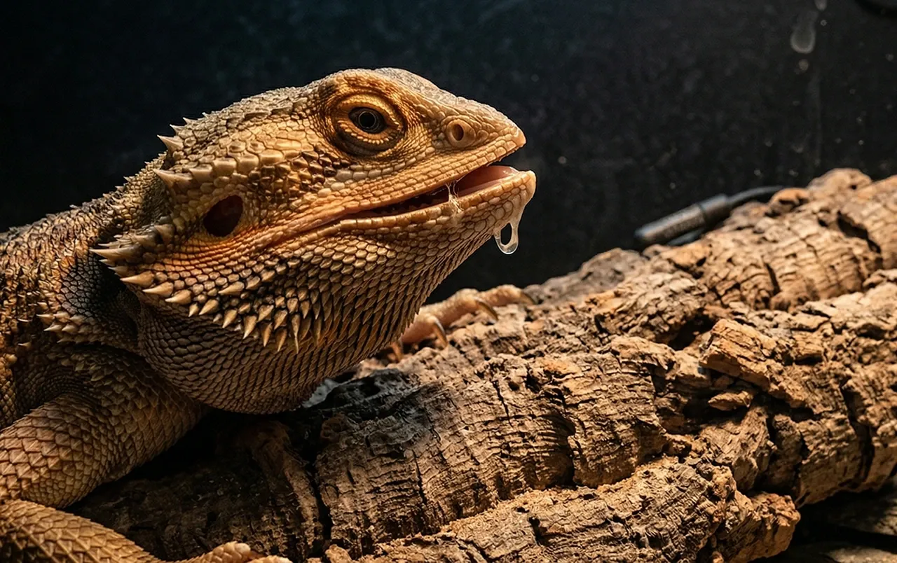 A close-up of a bearded dragon resting on cork bark in a terrarium, exhibiting open-mouth breathing and stringy mucus, which are common signs of a bearded dragon respiratory infection.