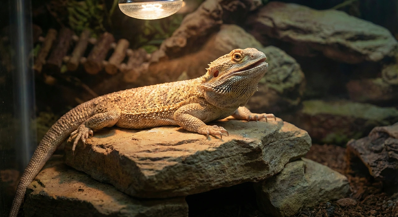 Bearded dragon basking under a heat lamp. Elevating basking temperatures is a critical first step in treating a respiratory infection.