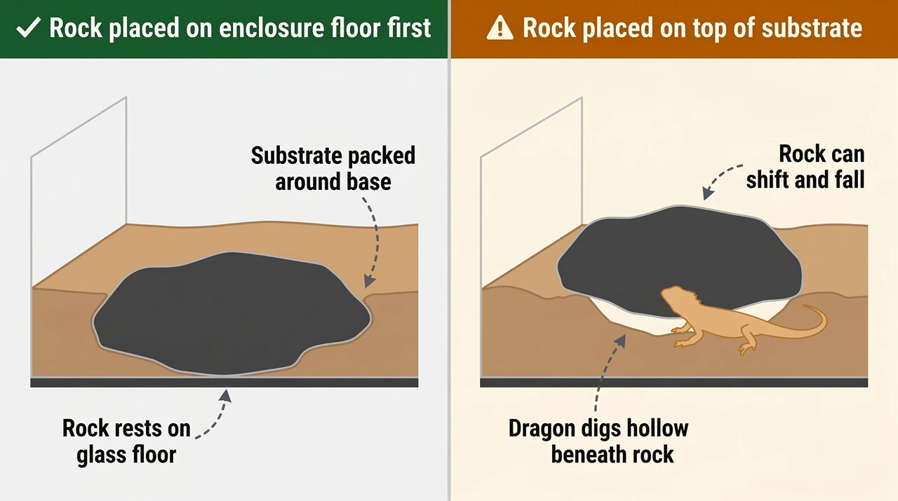 Diagram showing correct rock placement on enclosure glass floor versus unsafe placement on top of loose substrate with a dragon digging beneath.