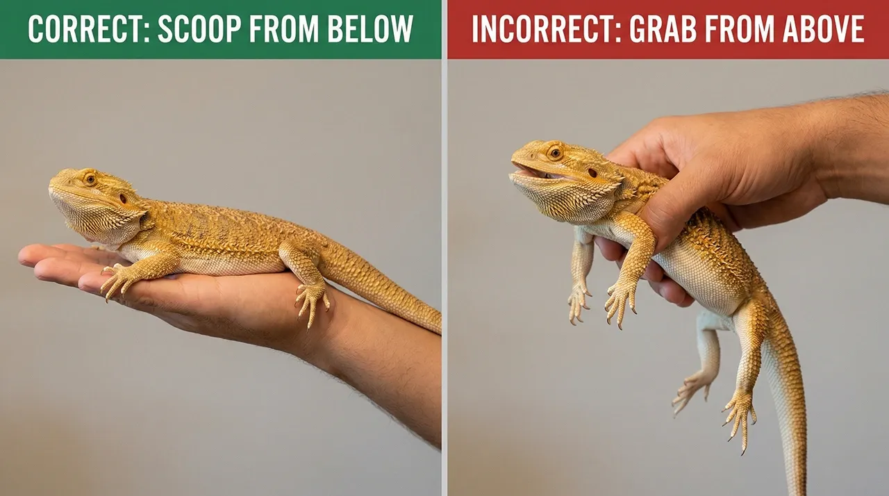 Correct palm-under scoop pickup versus incorrect overhead grab with legs dangling