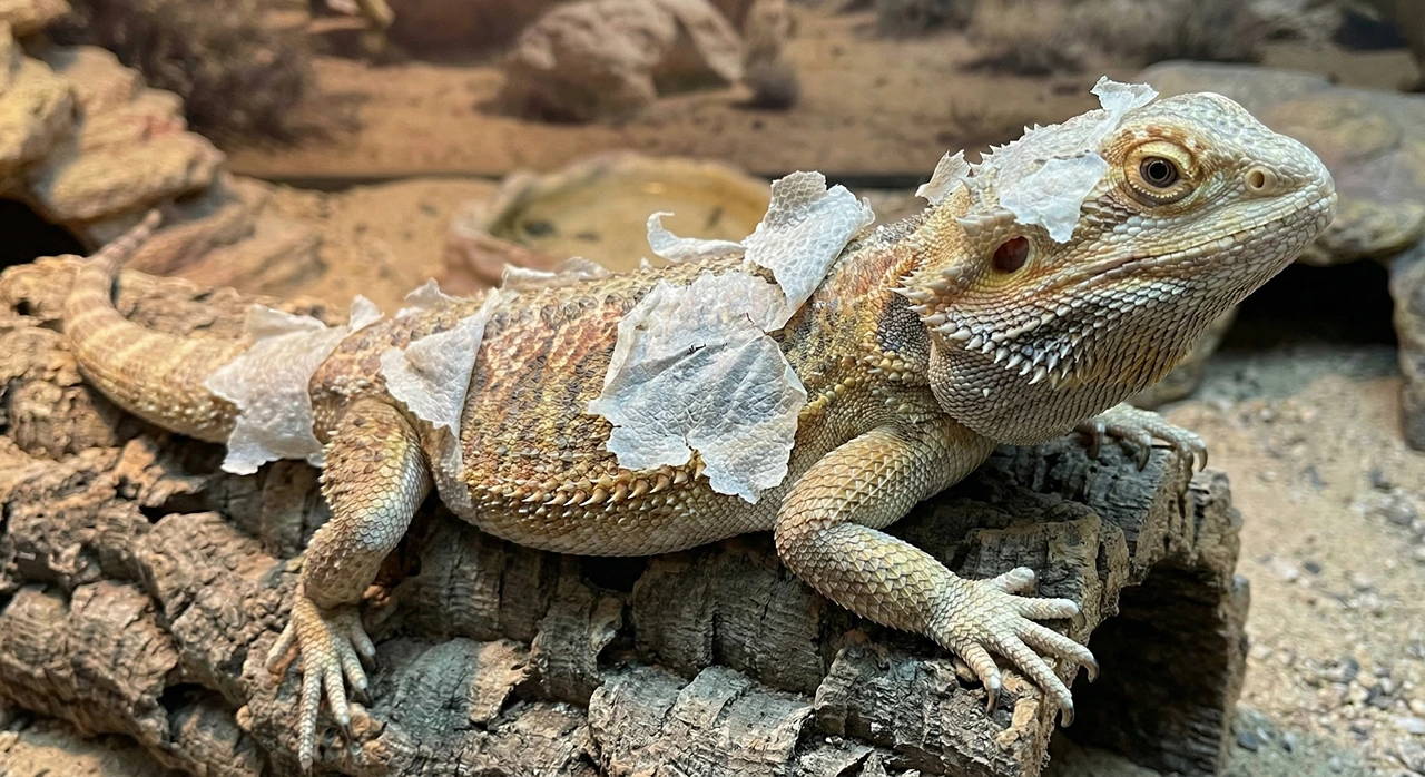 A close-up photograph of an adult bearded dragon in the middle of shedding, with large white patches of dry skin peeling off its back and head.