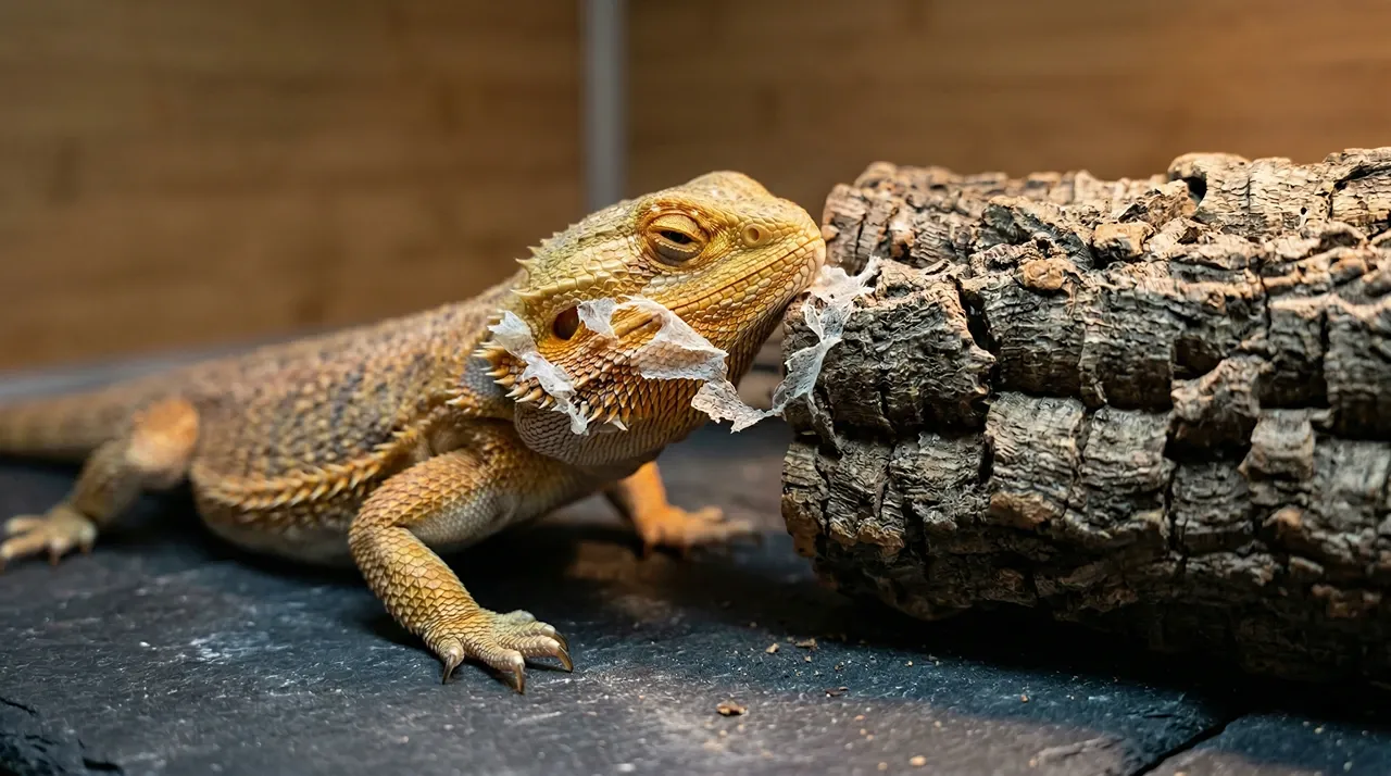Bearded dragon pressing its jaw against a rough piece of cork bark inside a vivarium during the pre-shed rubbing phase