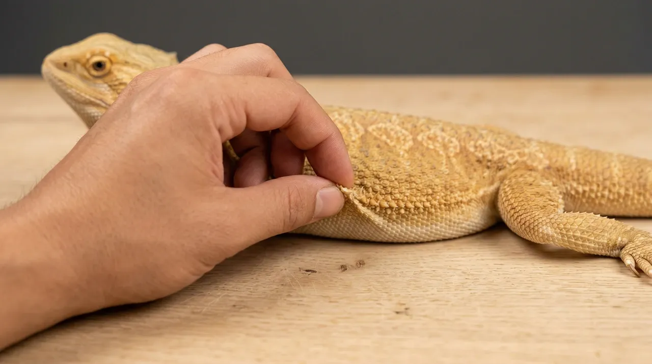 Keeper's hand pinching a small skin fold on the lateral torso of a calm adult bearded dragon on a wooden surface