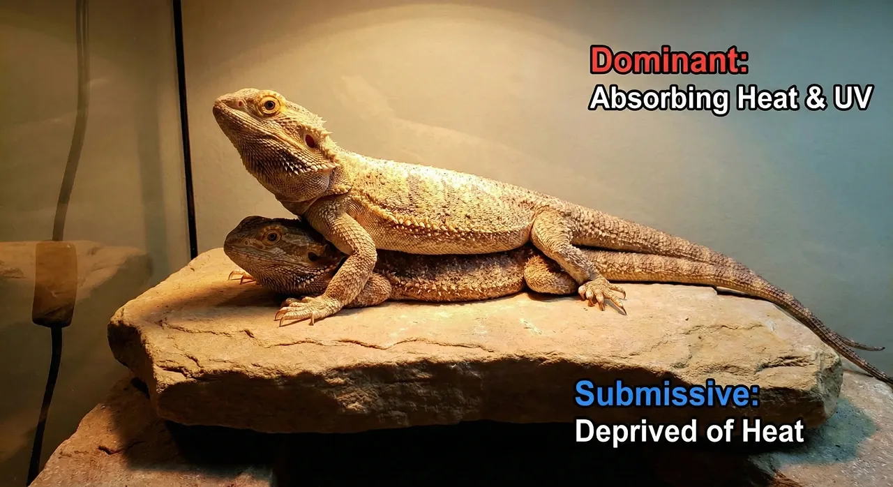 Two bearded dragons stacked on a basking rock, with text annotations showing the dominant top dragon stealing all the heat and UVB light from the submissive bottom dragon.