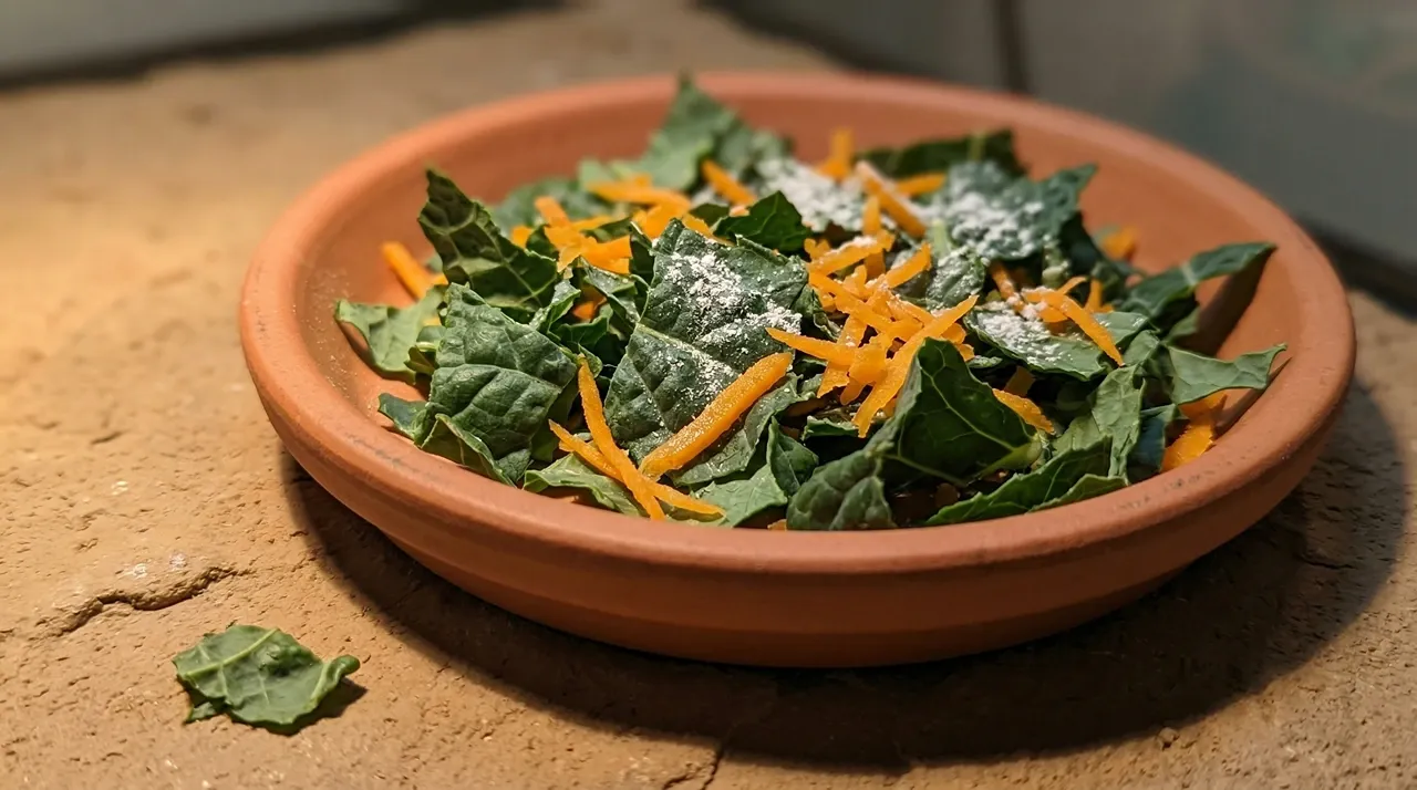 Shallow terracotta dish filled with chopped collard greens and grated squash, lightly dusted with white calcium powder.
