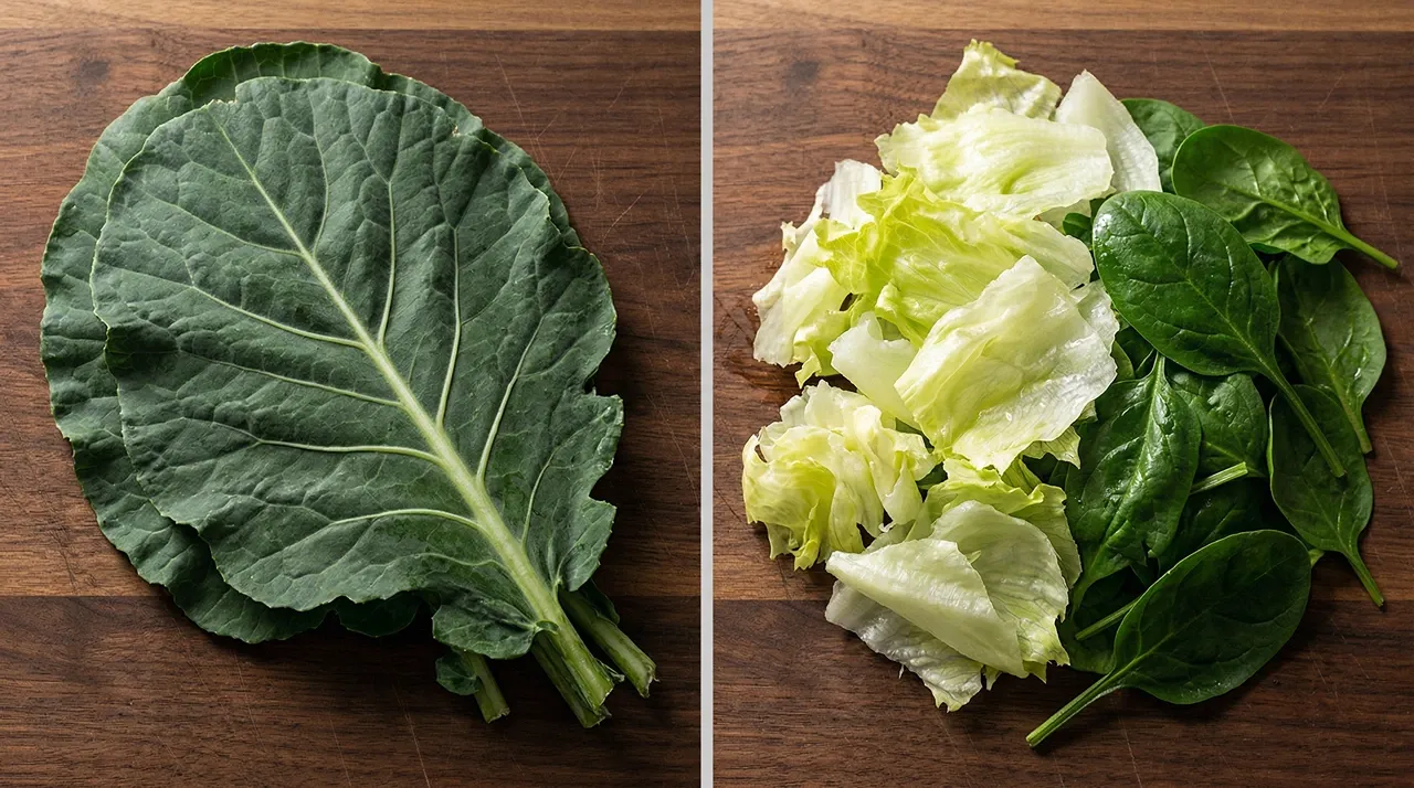 Collard greens with stiff, heavily veined dark leaves on the left, watery iceberg lettuce and flat spinach leaves on the right.