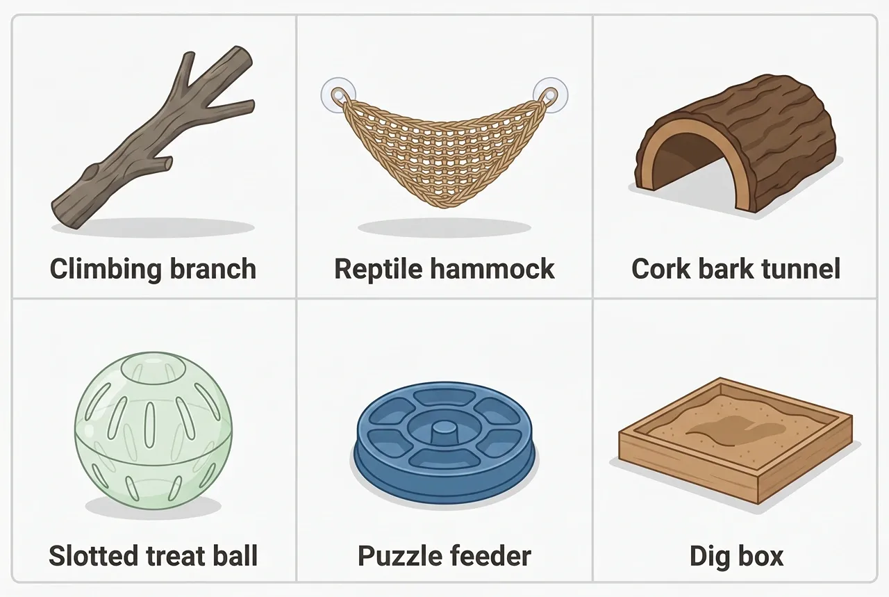 Six safe starter enrichment items for a bearded dragon arranged in a grid including branch, hammock, cork tunnel, treat ball, puzzle feeder, and dig box.