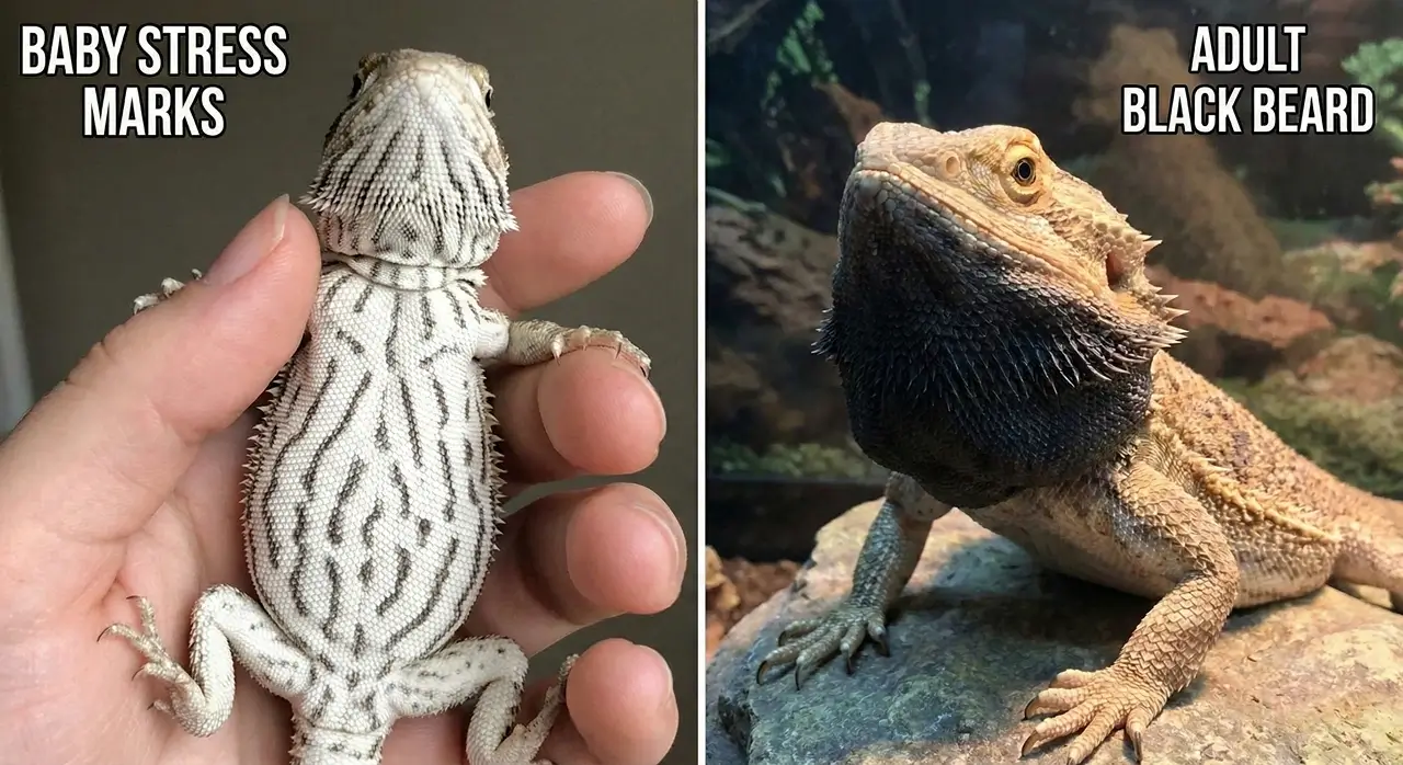 Side-by-side comparison showing patterned, tiger-like stress marks on a baby bearded dragon's white belly, next to an adult bearded dragon displaying a solid, puffed-out black beard.
