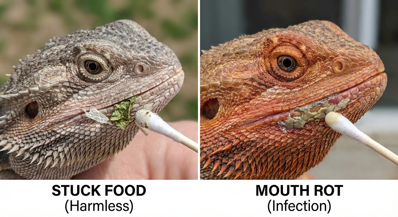 Side-by-side comparison of harmless food and shed skin stuck to a bearded dragon's lip on the left, versus a bacterial mouth rot (stomatitis) infection on the gums on the right.