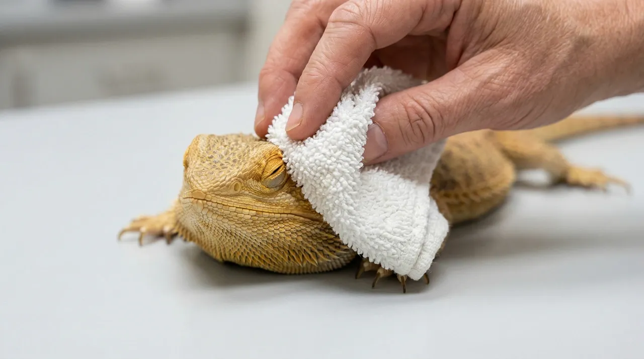 Hand holding a warm damp cloth gently against a relaxed bearded dragon's closed eye to rehydrate a retained spectacle