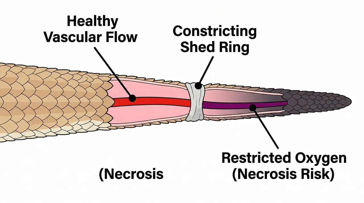 Diagram of a bearded dragon tail cross-section showing how a stuck shed ring constricts the blood vessel and causes tail rot
