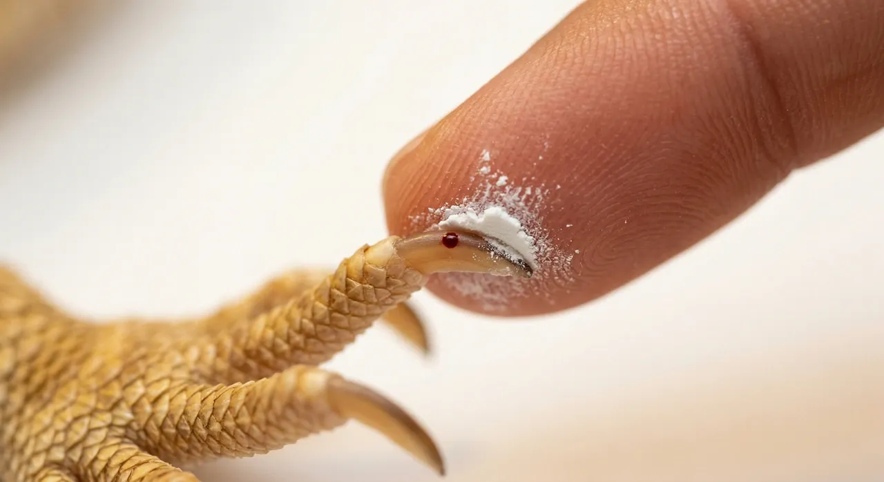 A fingertip pressing white styptic powder onto a bearded dragon nail tip showing a small blood dot after nicking the quick