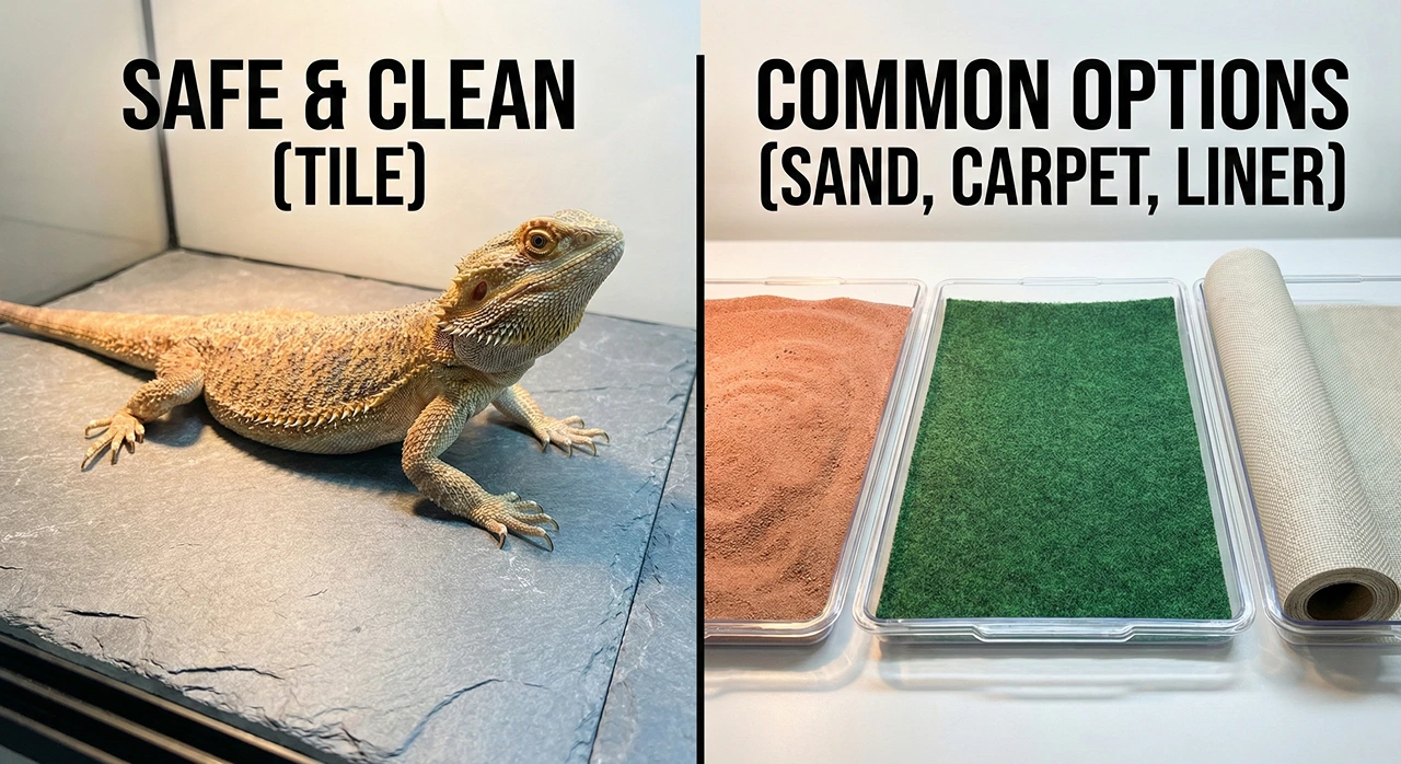Split screen comparison showing a bearded dragon standing on grey slate tile (safe option) versus trays containing red calcium sand, green reptile carpet, and beige shelf liner.