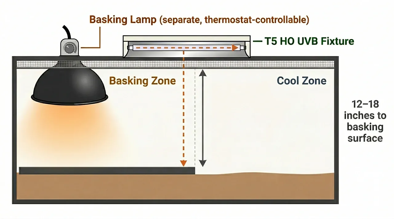 Diagram of a T5 HO UVB fixture above the mesh screen and a separate basking dome lamp, with basking and cool zones marked.