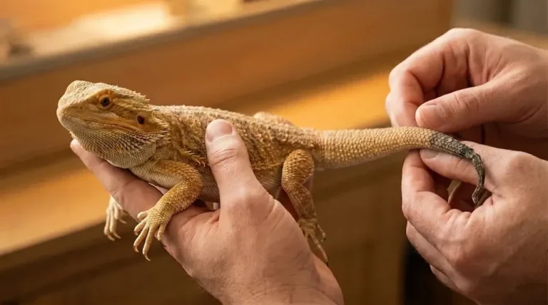Keeper examining the dark tail tip of a bearded dragon held in both hands against a warm indoor background