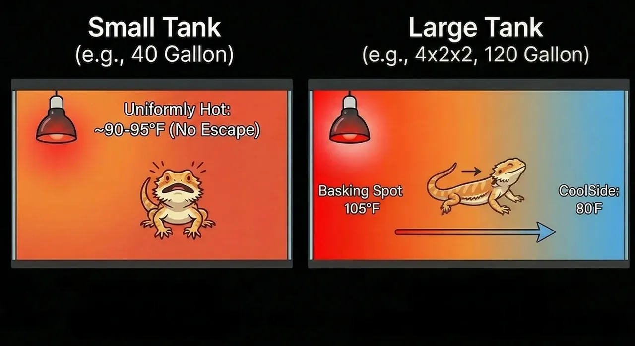 Heat gradient comparison: 40-gallon tank uniformly hot at 90-95°F versus a 4x2x2 showing 105°F basking to 80°F cool side.