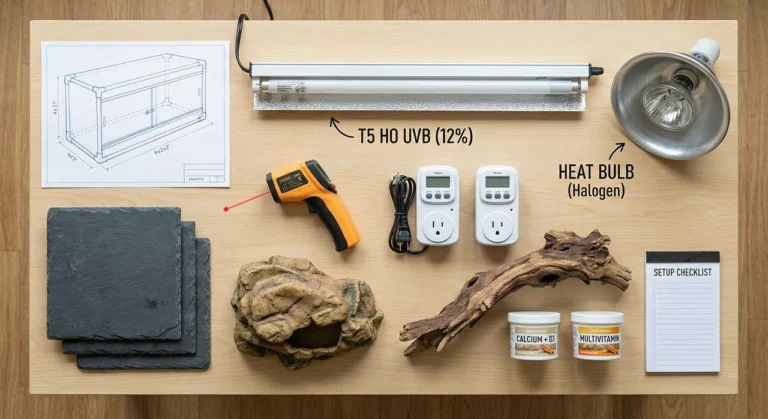 Flat lay of essential bearded dragon supplies including T5 UVB tube fixture, halogen heat dome, digital temp gun, slate tile substrate, and calcium supplements on a wooden table.