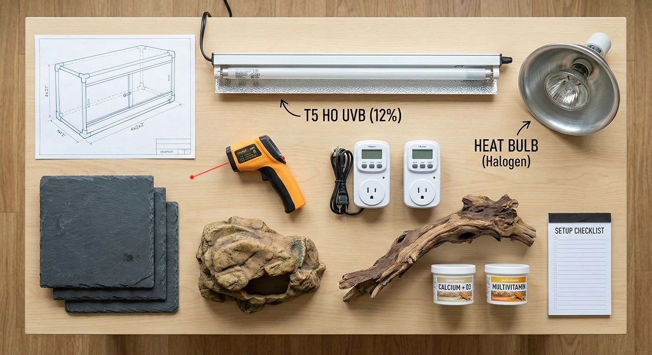 Flat lay of essential bearded dragon supplies including T5 UVB tube fixture, halogen heat dome, digital temp gun, slate tile substrate, and calcium supplements on a wooden table.