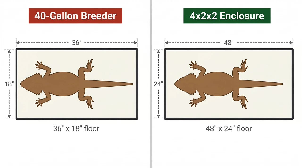 Top-down floor plan comparing a 40-gallon tank and a 4x2x2 enclosure, each with an identical adult dragon silhouette inside each panel.