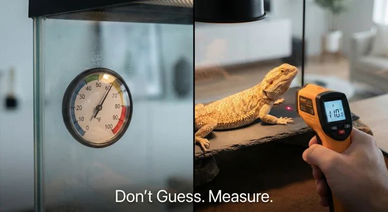Split screen comparison showing an inaccurate stick-on thermometer reading 80°F on a glass tank wall versus a digital infrared temp gun reading a correct 110°F on a slate basking rock.