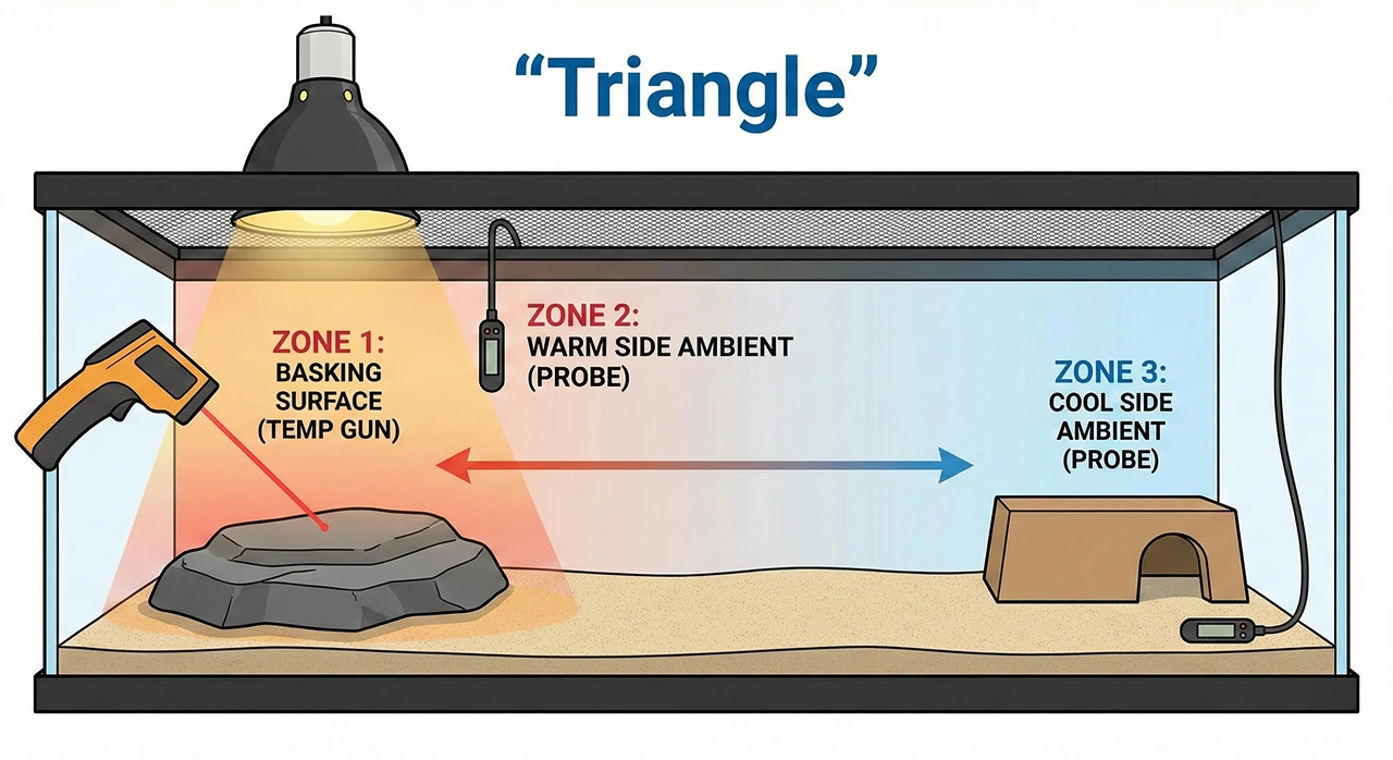Diagram illustrating the Triangle Method for measuring bearded dragon temperatures: Zone 1 shows a temp gun aiming at the basking rock, Zone 2 shows a probe hanging near the light for warm air, and Zone 3 shows a probe on the floor for cool air.