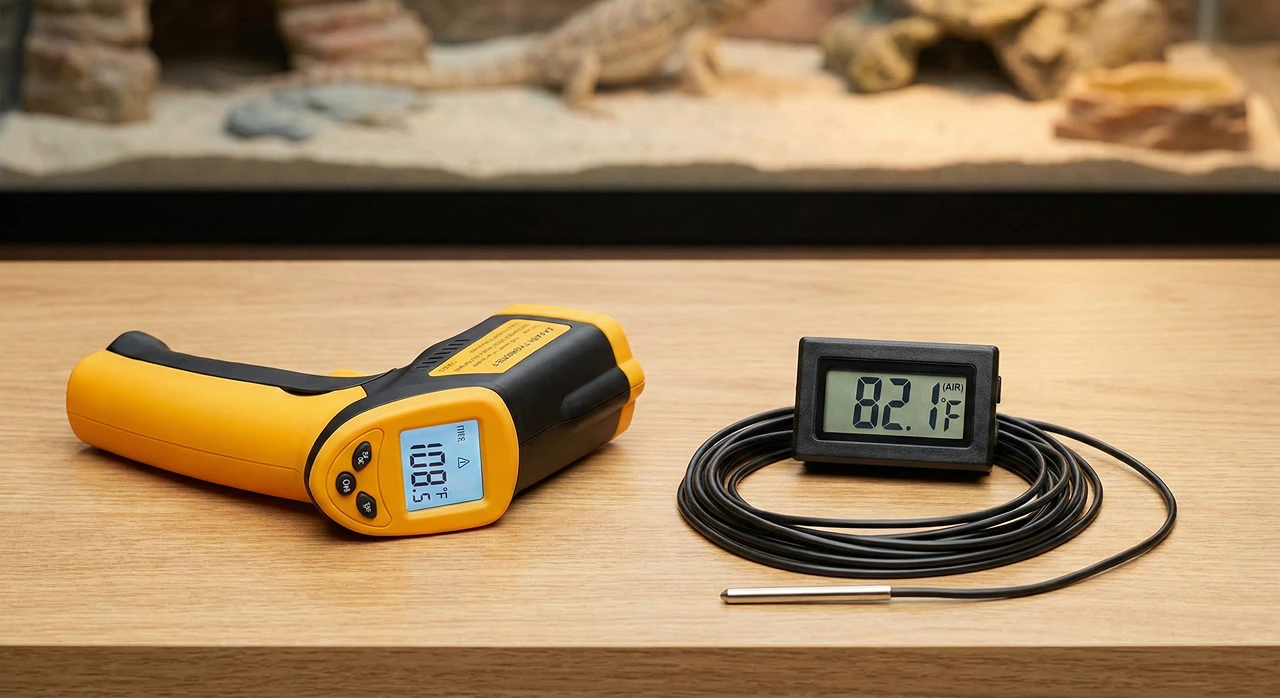 A yellow infrared temperature gun displaying 108.5°F sits next to a black digital thermometer with a wired probe displaying 82.1°F air temperature, resting on a table in front of a bearded dragon enclosure.