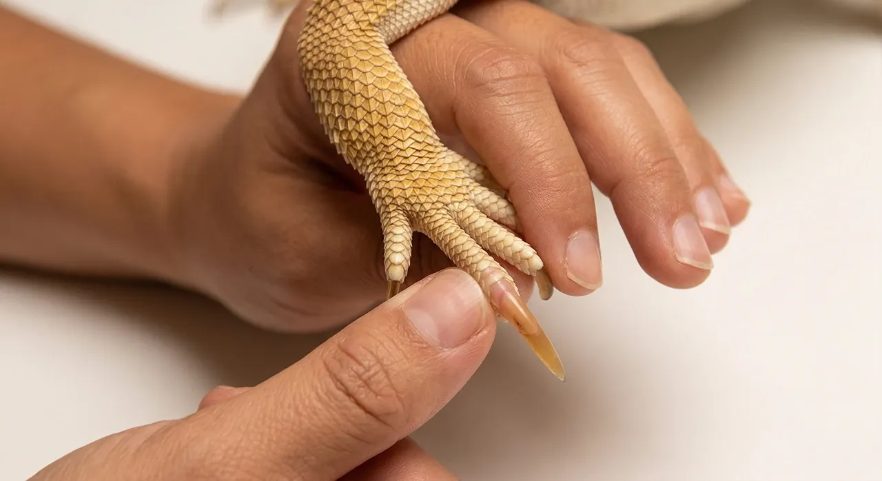 A thumb pressing gently on a bearded dragon toe pad from below to extend a single nail forward before clipping