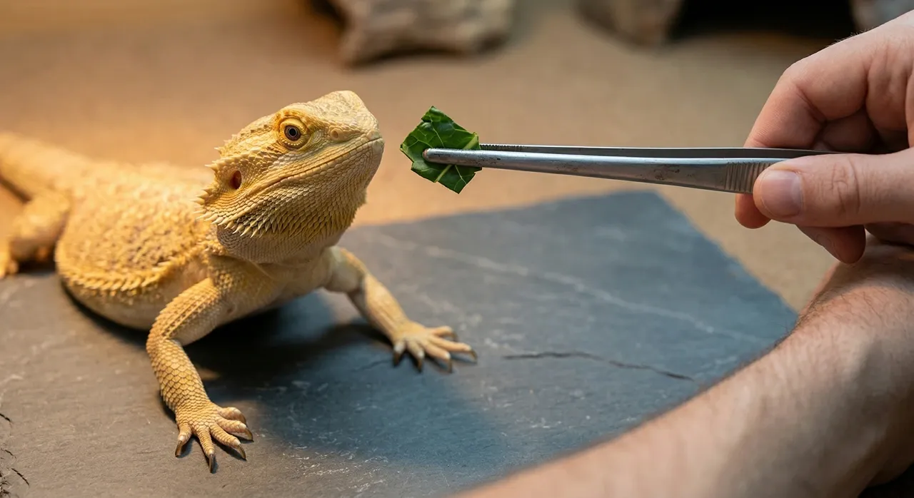 Keeper using metal feeding tongs to offer a piece of collard green to an alert adult bearded dragon on slate