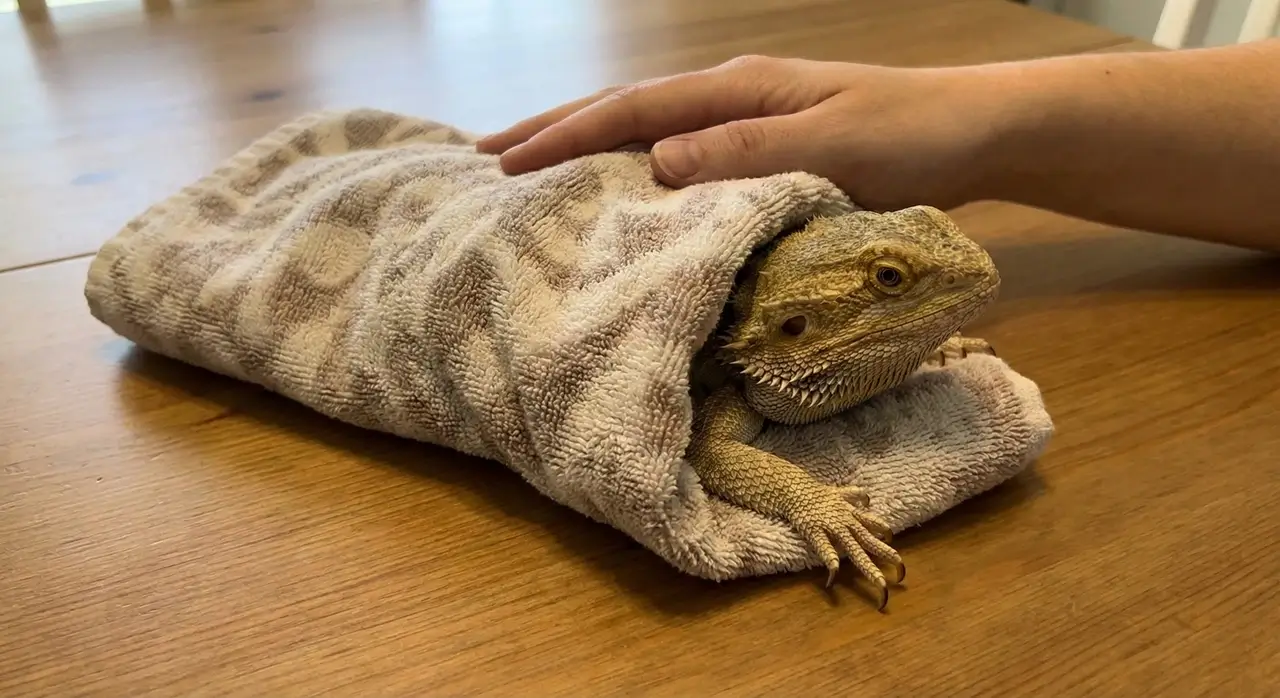 A bearded dragon wrapped gently in a soft towel burrito to keep it calm on a flat surface, with one front leg exposed for nail trimming.