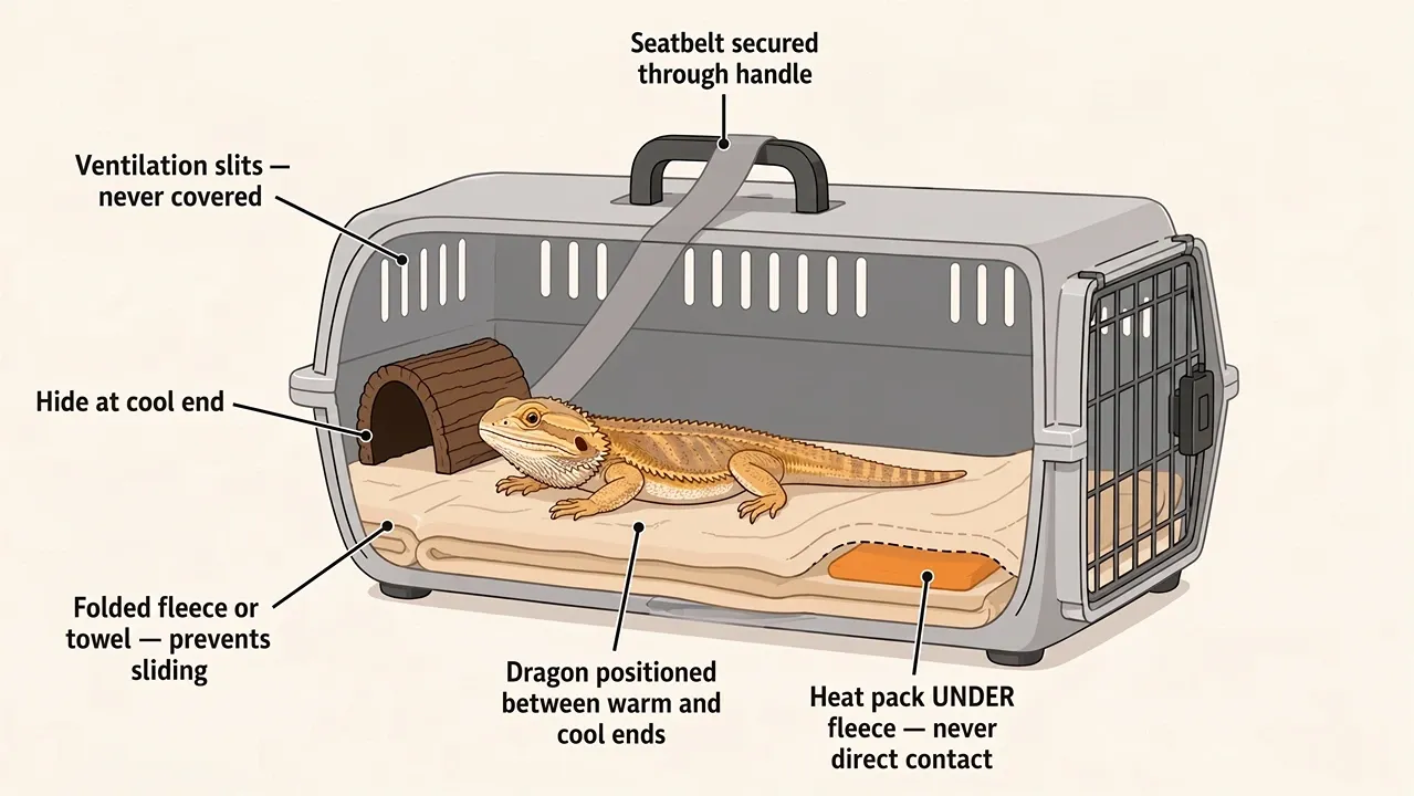 Cutaway diagram of a bearded dragon travel carrier showing correct hide placement, fleece base, heat pack position under the fleece, and seatbelt routing.