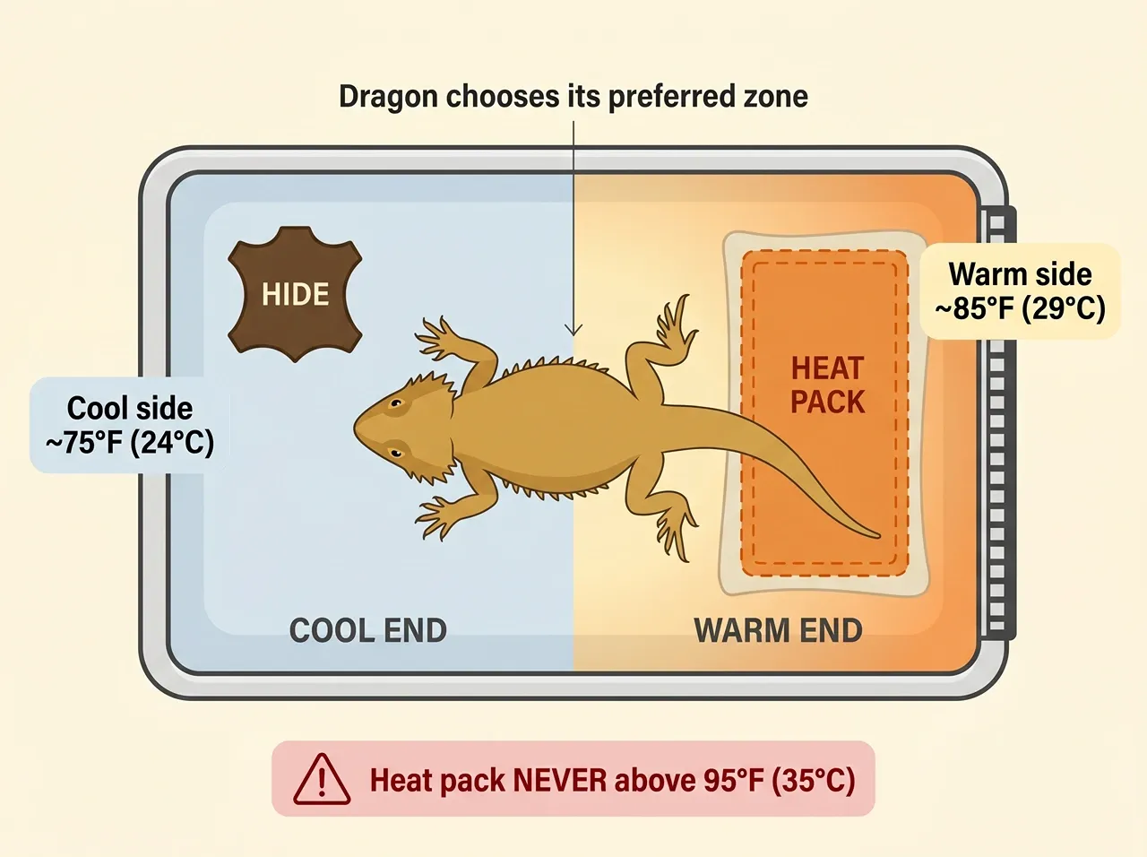 Top-down diagram of a bearded dragon travel carrier showing heat pack placement on the warm side and hide on the cool side to create a thermal gradient.