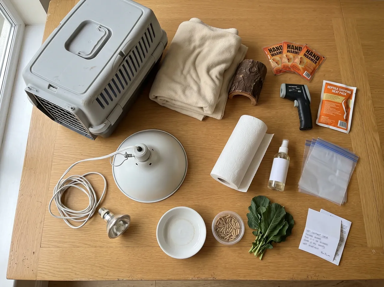 Flat-lay photograph of a complete bearded dragon travel kit including carrier, fleece, hand warmers, clamp lamp, thermometer, food, and cleaning supplies.