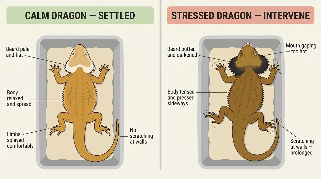 Side-by-side comparison of a calm versus stressed bearded dragon inside a travel carrier, showing differences in beard colour, body posture, and gaping.