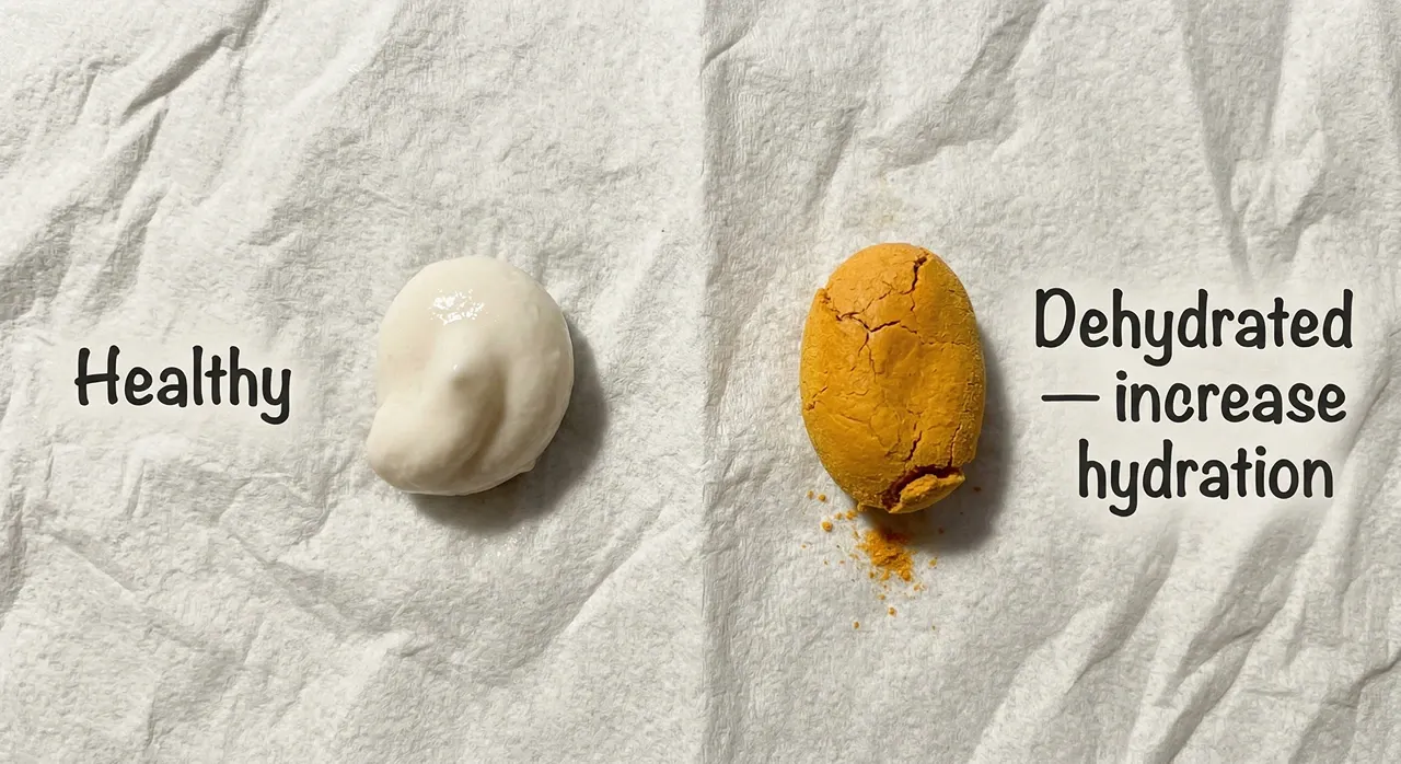 Bearded dragon urate comparison showing soft white healthy sample on left and dry cracked orange dehydrated sample on right