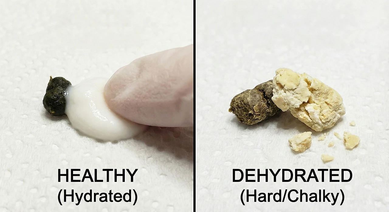Close up side-by-side comparison of a healthy soft white bearded dragon urate and a dehydrated hard yellow crumbly urate.