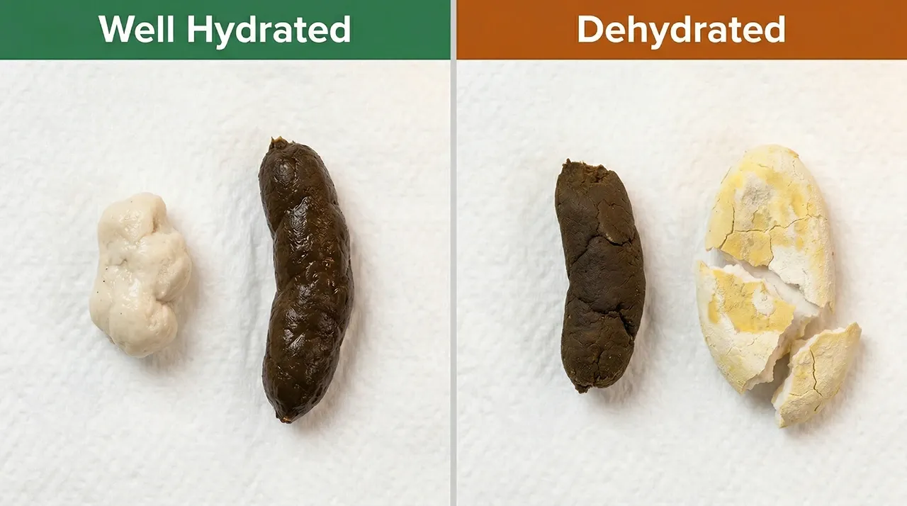 Healthy white intact bearded dragon urate on the left, dehydrated yellow cracked urate on the right, on a white paper towel