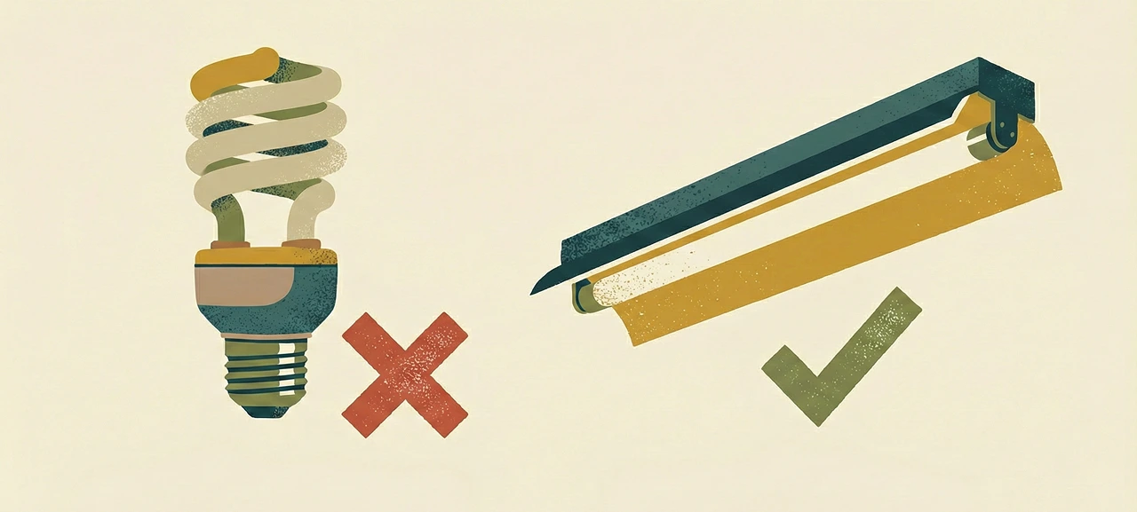 Illustration comparing a dangerous compact coil UVB bulb with a red X next to a safe T5 linear fluorescent tube with a green checkmark for bearded dragons.
