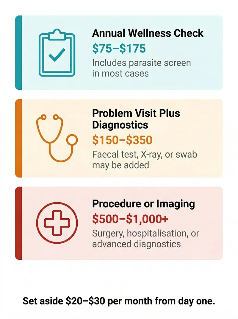 Three-tier card infographic showing bearded dragon exotic vet costs from wellness check to procedure or imaging