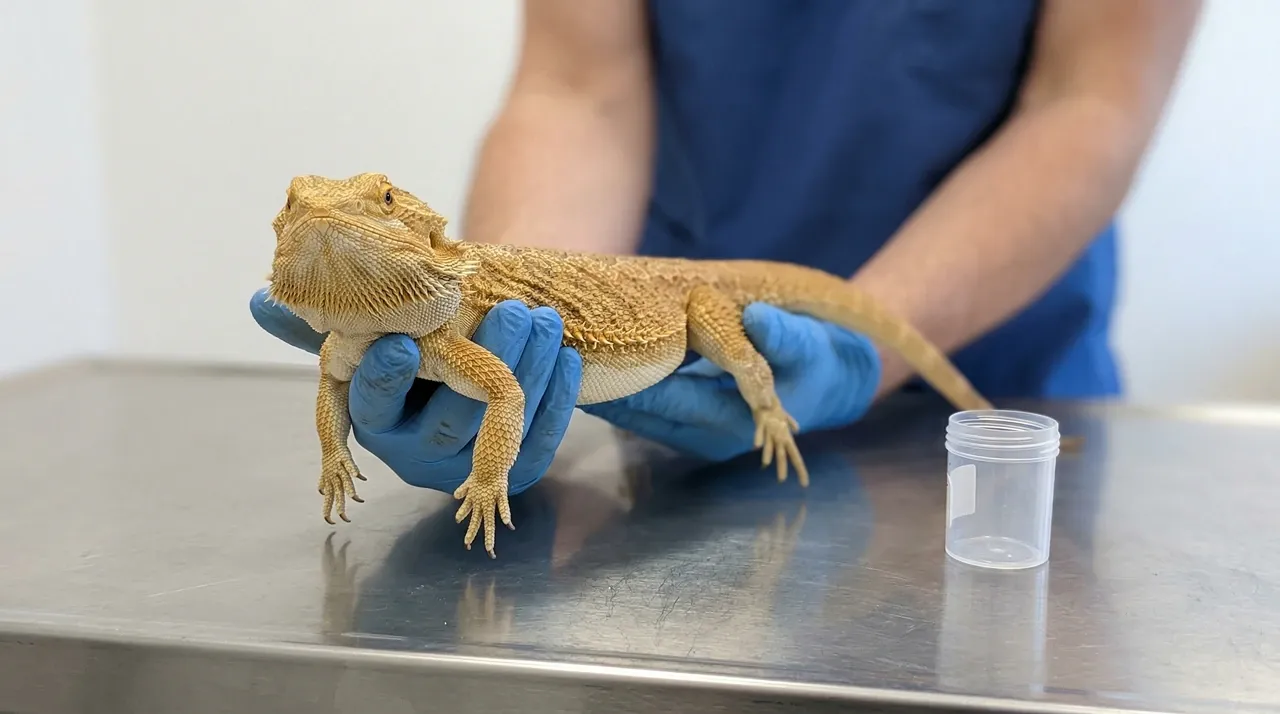 Adult bearded dragon held by a vet in blue nitrile gloves on a stainless steel examination table with a fecal sample container to the right.