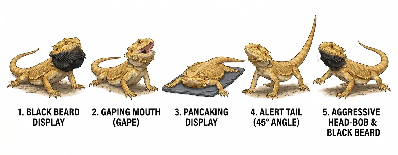 Five bearded dragons displaying warning signals: black beard, gaping mouth, pancaking, raised tail, and head bob