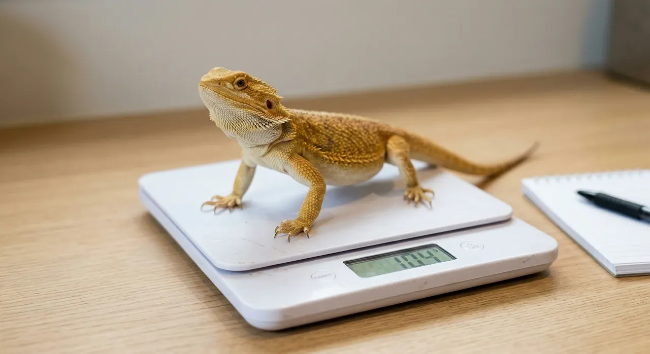 Juvenile bearded dragon standing on a digital kitchen scale, showing the weekly weigh-in that reveals weight loss in cohabitating dragons