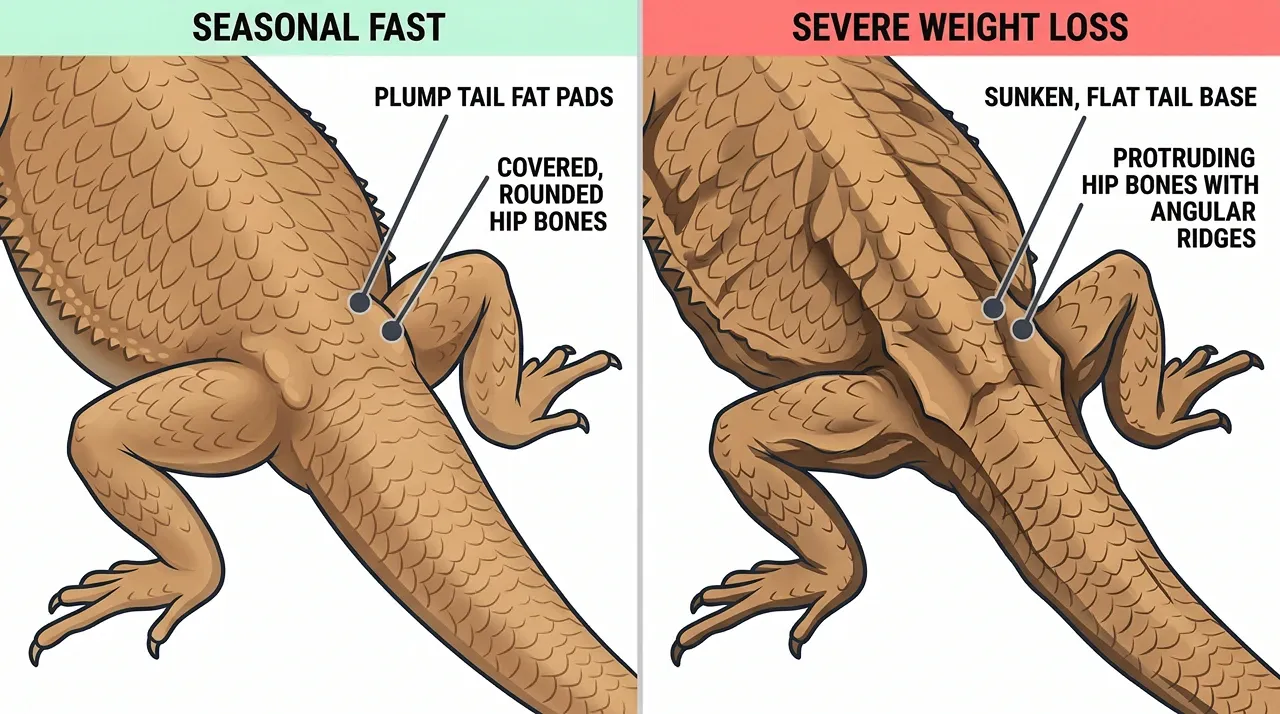 Healthy fasting bearded dragon with plump tail base compared to underweight dragon with sunken tail base and protruding hips