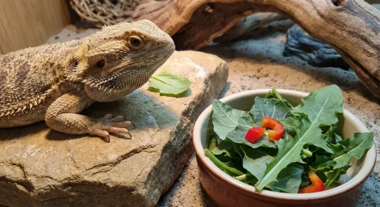 A stubborn bearded dragon sitting on a basking rock, completely ignoring a bowl of fresh greens and bell peppers.