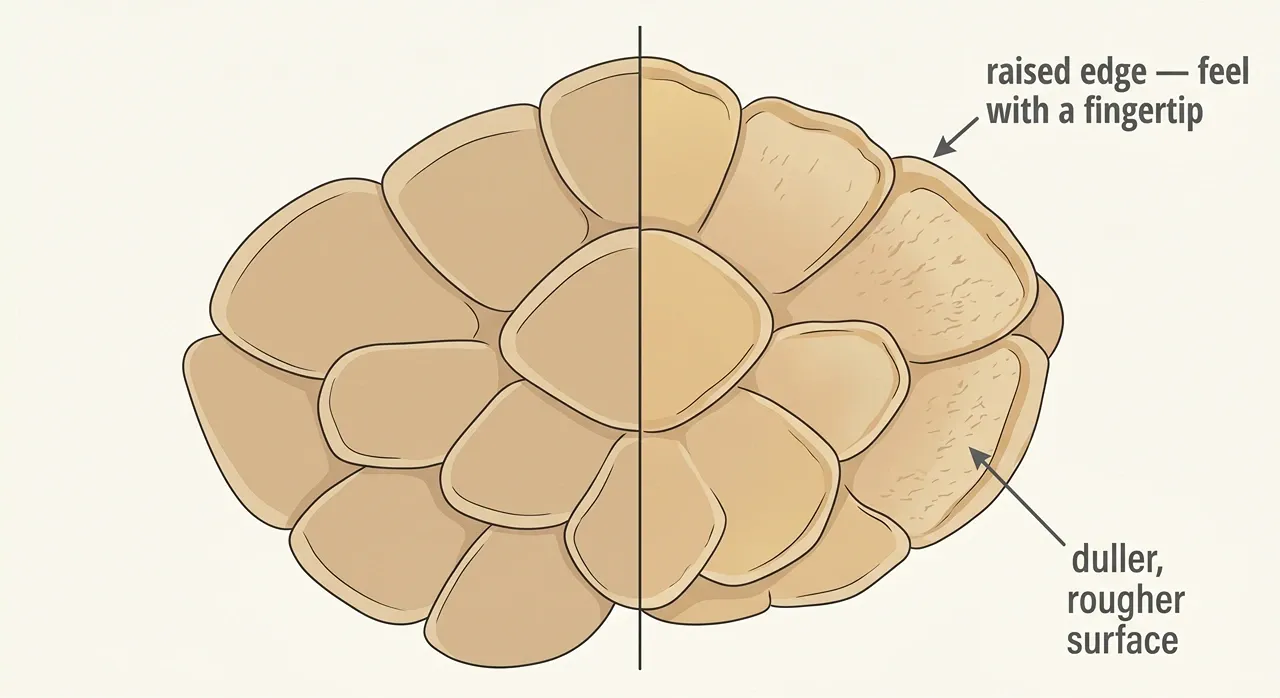Illustrated close-up comparing healthy smooth bearded dragon scales on the left with early yellow fungus texture showing duller rougher scales on the right.