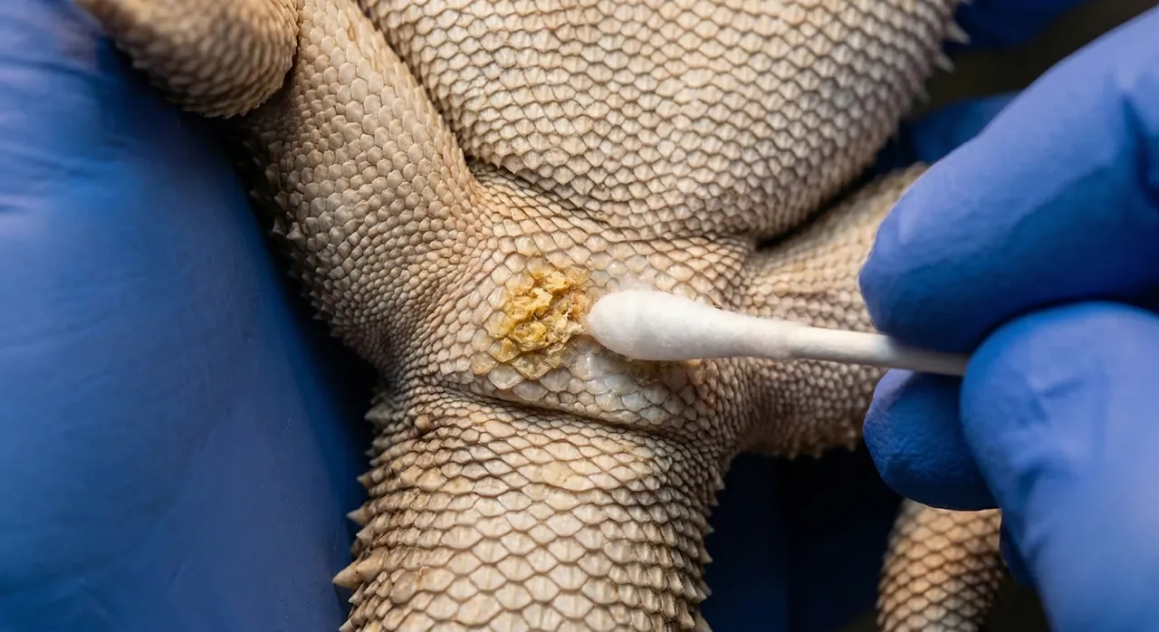 Gloved hands applying topical antifungal treatment with a cotton swab to a raised yellow crusted lesion between the leg joints of a bearded dragon, showing the characteristic crusty, irregular texture of an active CANV infection.