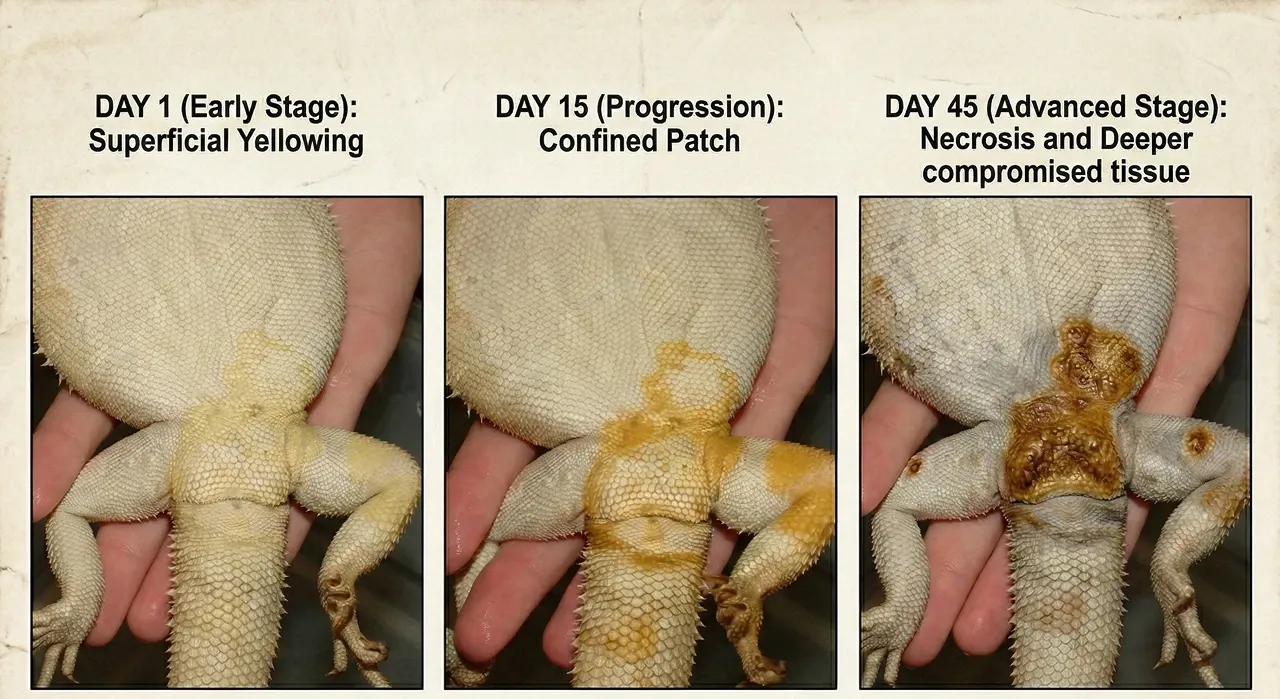 Three-part progression of Yellow Fungus (CANV) on a bearded dragon's belly, showing faint yellowing at Day 1, spreading crust at Day 15, and severe dark necrosis by Day 45.