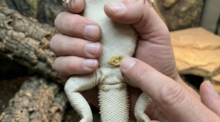 A keeper's hands gently checking a crusty, irregular yellow patch on a bearded dragon's belly to determine if it is Yellow Fungus or just shedding skin.