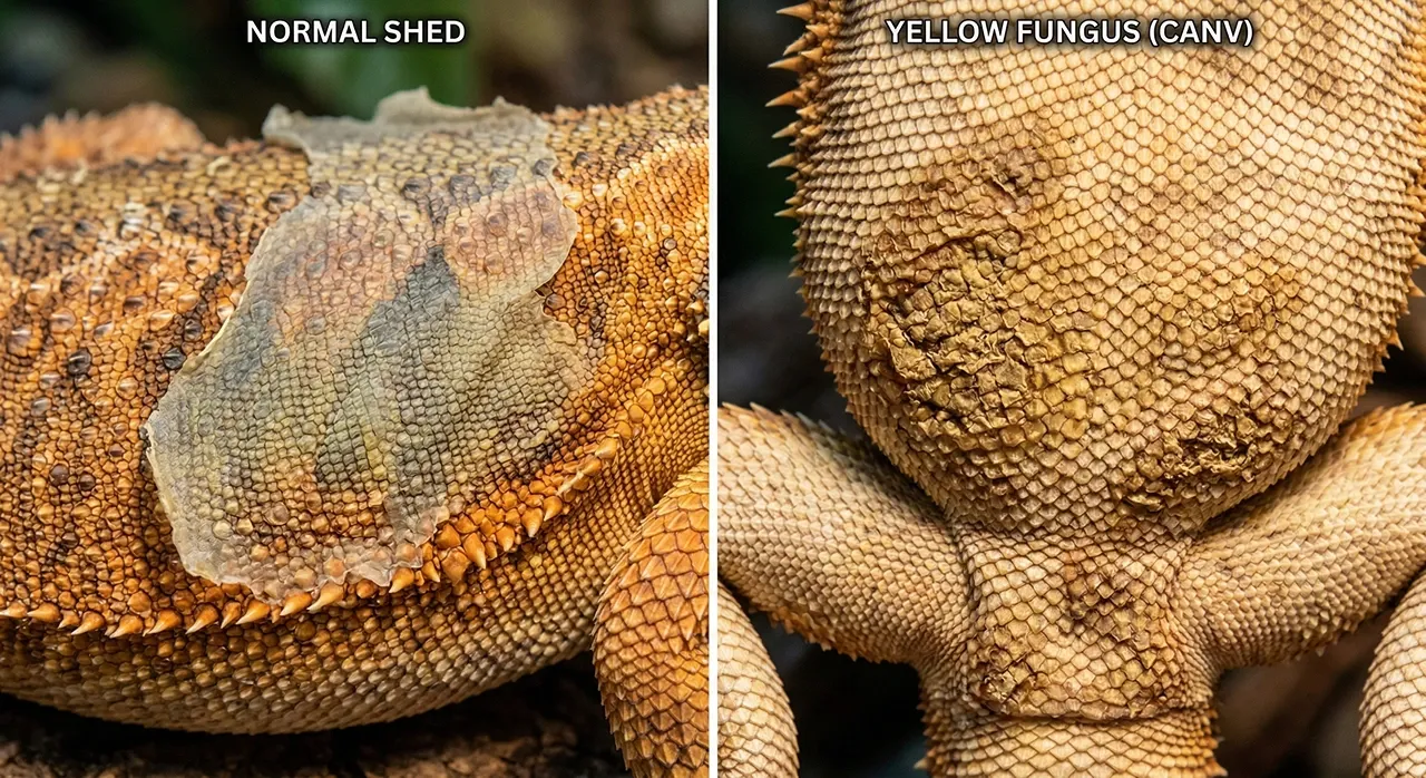 Side-by-side comparison showing normal bearded dragon shed on the left with a translucent peeling skin flap over healthy scales, versus bearded dragon yellow fungus on the right showing raised, crusted, and discoloured scales that do not resolve with shedding.