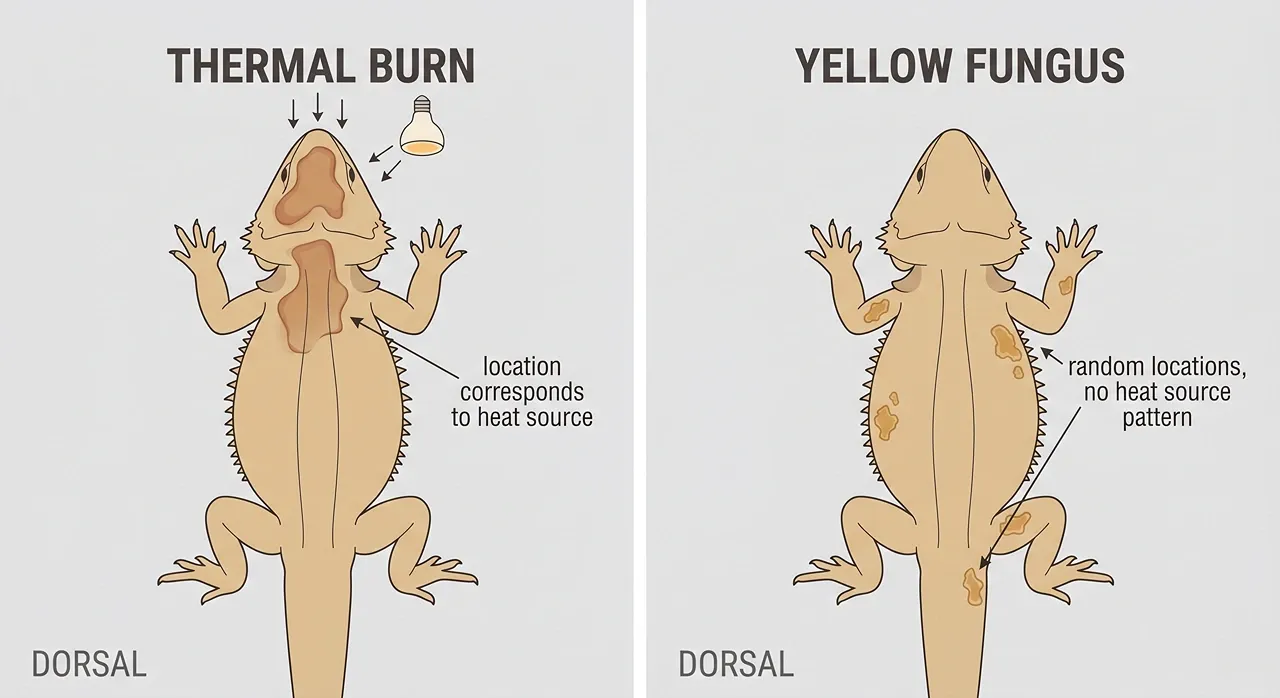 Dorsal view comparison diagram showing thermal burn damage only on the head and upper back versus yellow fungus patches scattered randomly across the limbs and flanks.