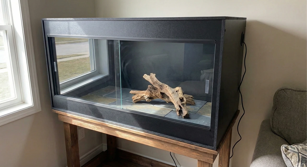 Black PVC 4x2x2 bearded dragon enclosure with sliding glass doors on a wooden stand in a living room setting.